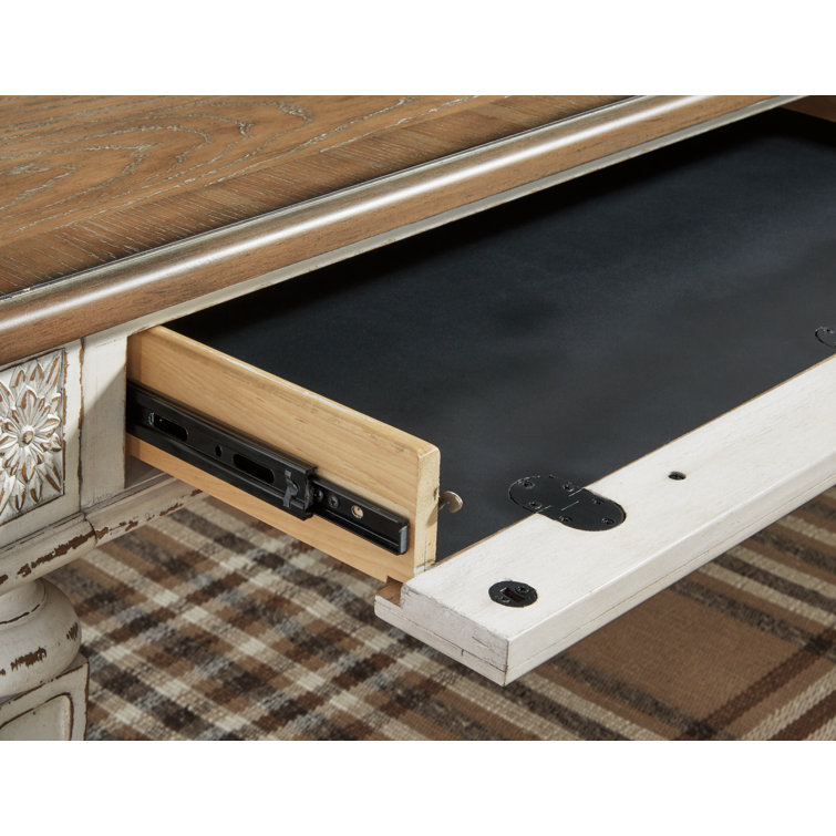 White and Distressed Wood L-Shaped Desk with Drawer and USB Port