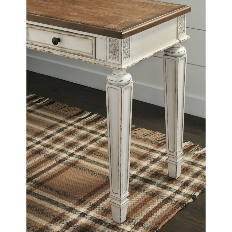 White and Distressed Wood L-Shaped Desk with Drawer and USB Port