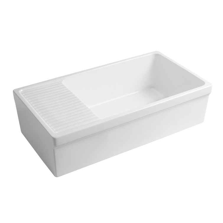 Matte White Fireclay Single Bowl Kitchen Sink with Drainboard