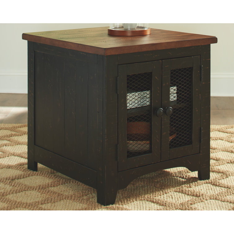 Valebeck Vintage Black and Brown Rectangular End Table with Interior Shelves