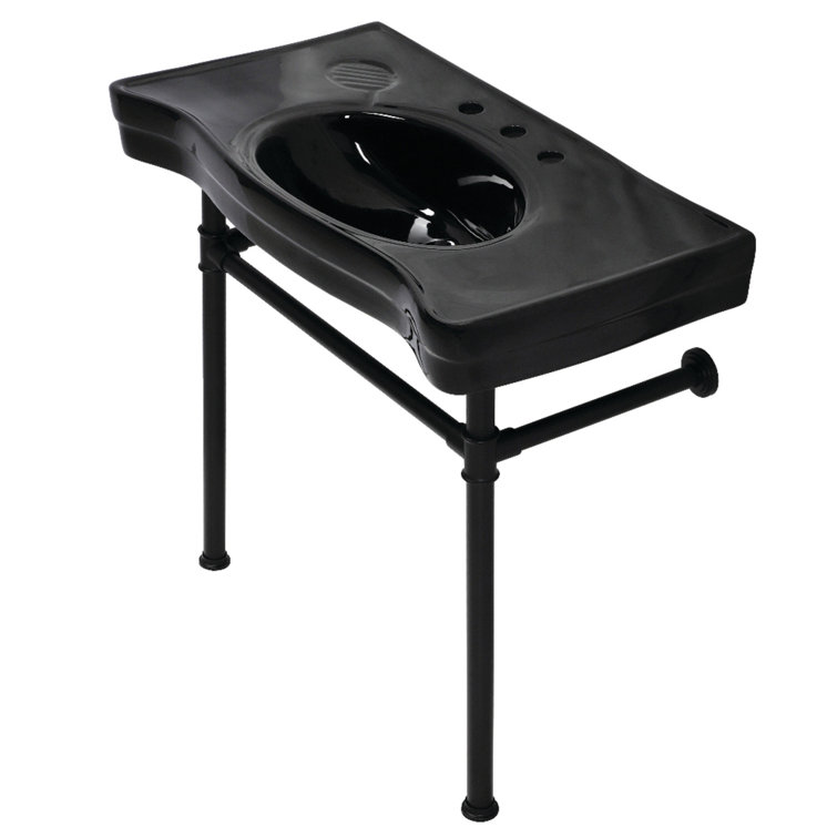 Matte Black Ceramic Wall-Mount Console Sink with Stainless Steel Legs