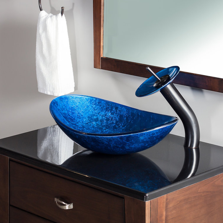 Blue Foil Painted Glass Oval Vessel Sink