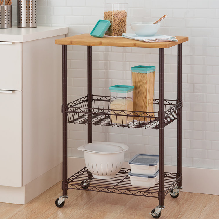 24" Dark Bronze Steel Kitchen Cart with Bamboo Top and Adjustable Storage