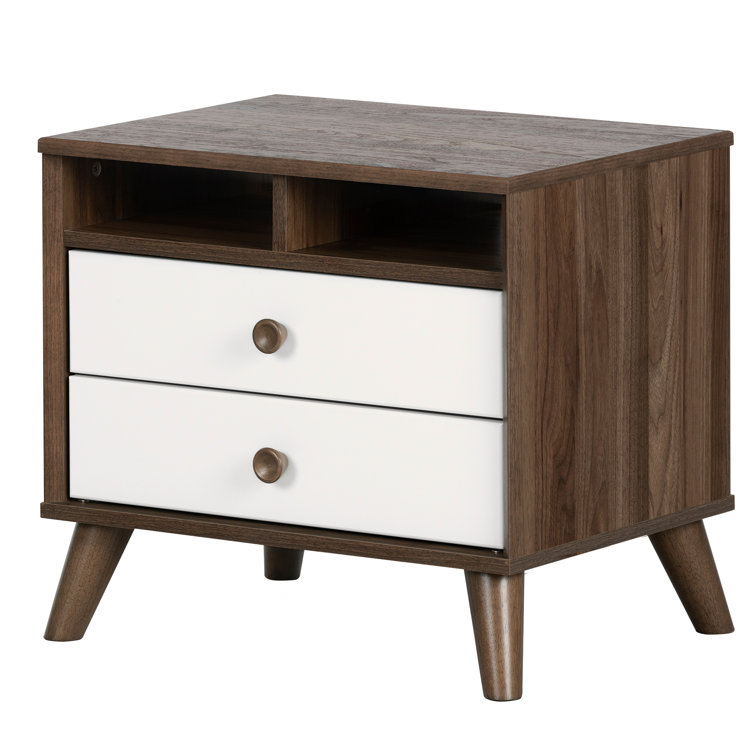 Natural Walnut and White 2-Drawer Scandinavian Nightstand