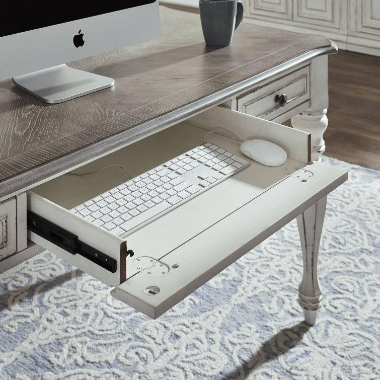 60" White Wood Home Office Desk with Drawers and Keyboard Tray