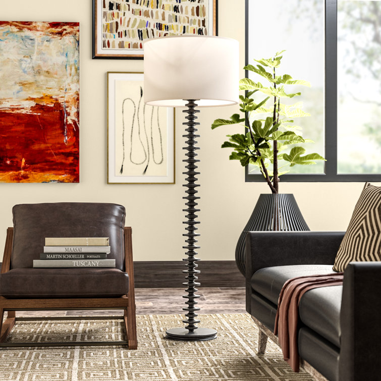 Ebony Birch Wood Fishbone Floor Lamp with Linen Shade