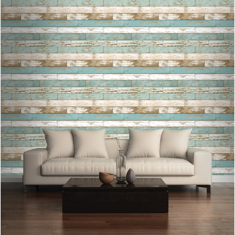 Vintage Turquoise and Beige Wood Peel and Stick Wallpaper