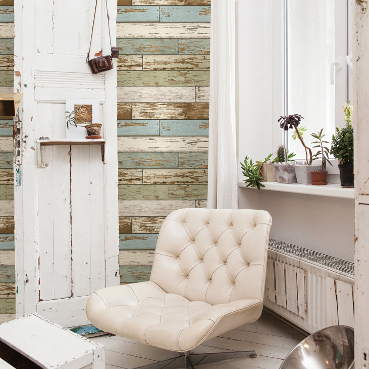 Vintage Turquoise and Beige Wood Peel and Stick Wallpaper