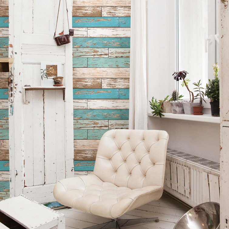 Vintage Turquoise and Beige Wood Peel and Stick Wallpaper