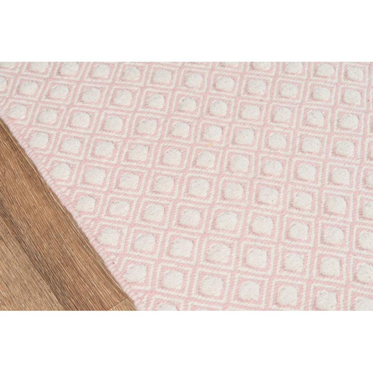 Handmade Pink Wool Geometric Flat Woven Rug, 5x8