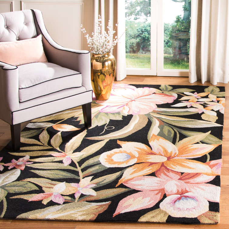 Handmade Black Floral Wool Rug, 8' x 10'