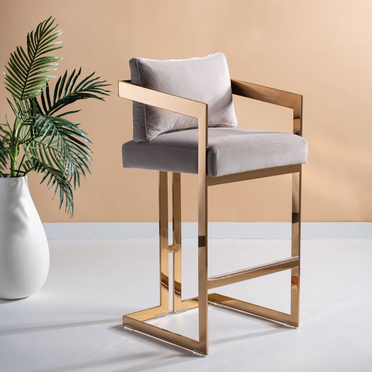 Taraji Almond Velvet and Gold Metal Bar Stool