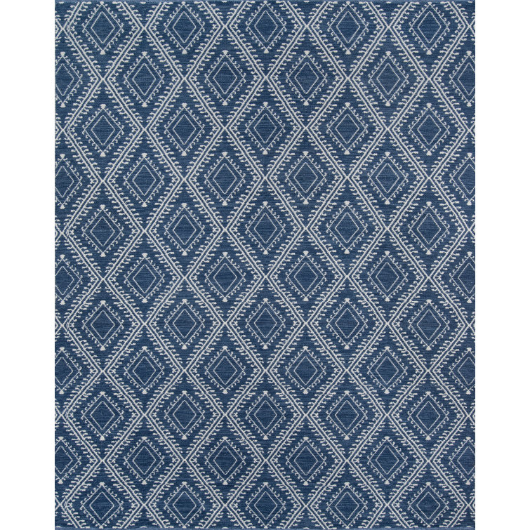 Navy and White Geometric Pattern Rectangular Synthetic Rug