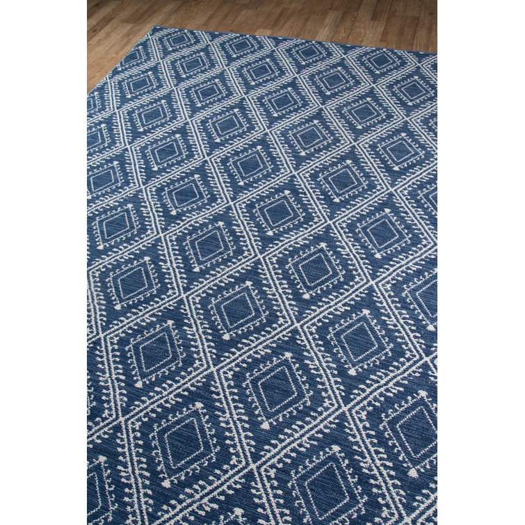 Navy and White Geometric Pattern Rectangular Synthetic Rug