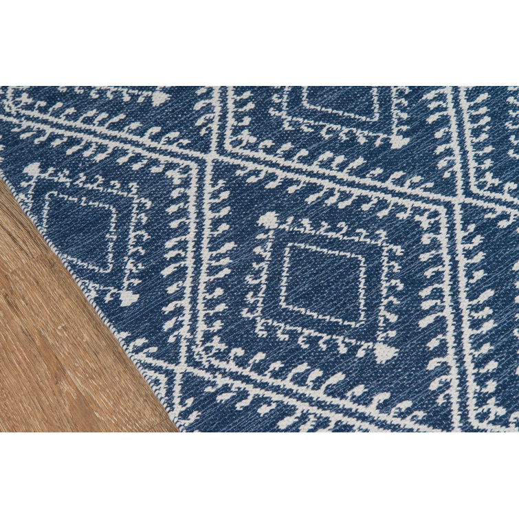 Navy and White Geometric Pattern Rectangular Synthetic Rug