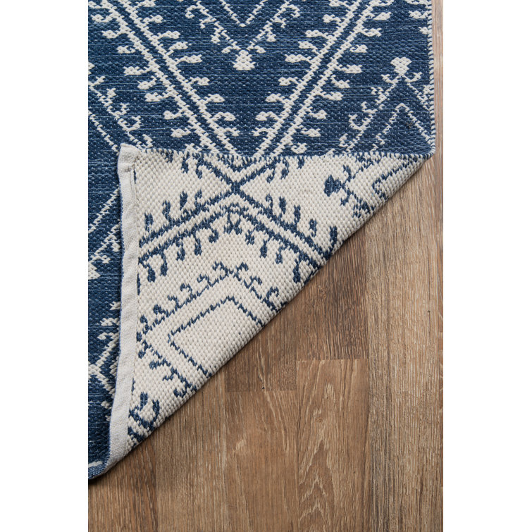 Navy and White Geometric Pattern Rectangular Synthetic Rug