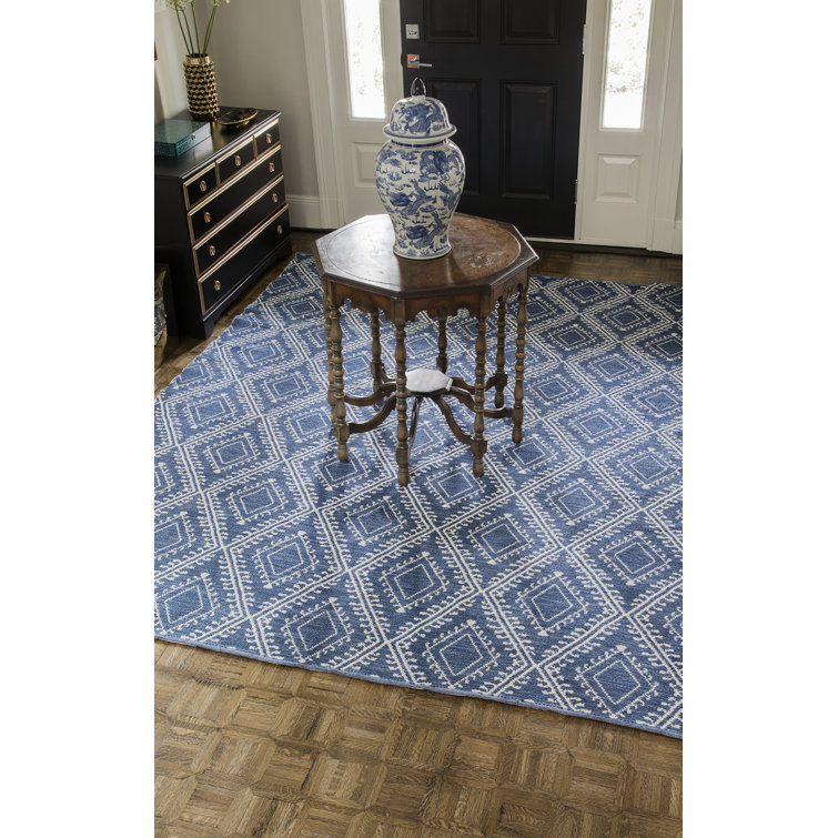 Navy and White Geometric Pattern Rectangular Synthetic Rug