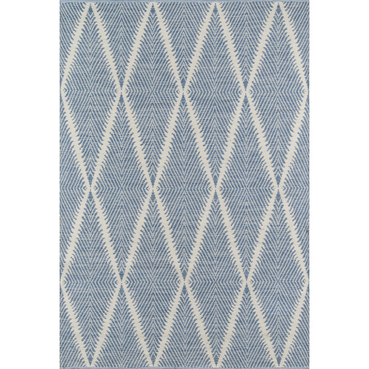 Denim Blue Striped Diamond 5' x 7' Handwoven Wool Blend Rug