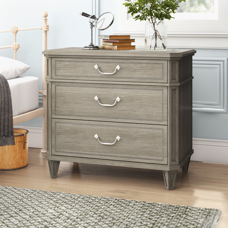 Beige Transitional 3-Drawer Nightstand with Nickel Pulls