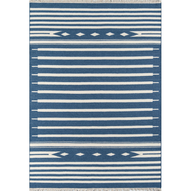 Denim Blue and White Wool Geometric Flat Woven Area Rug