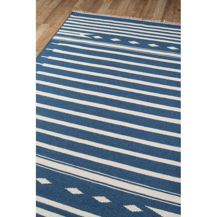 Denim Blue and White Wool Geometric Flat Woven Area Rug