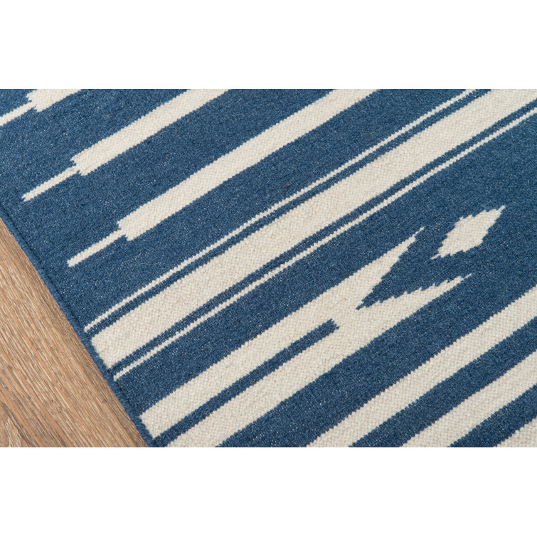 Denim Blue and White Wool Geometric Flat Woven Area Rug