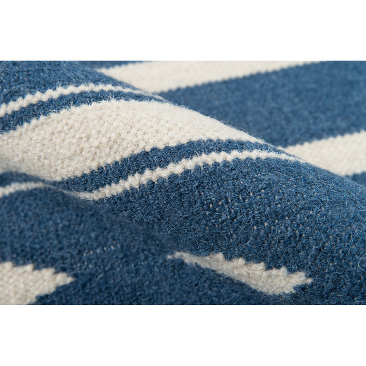 Denim Blue and White Wool Geometric Flat Woven Area Rug