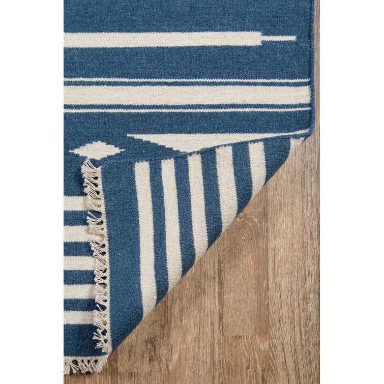 Denim Blue and White Wool Geometric Flat Woven Area Rug