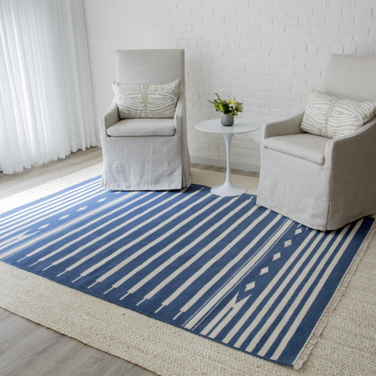 Denim Blue and White Wool Geometric Flat Woven Area Rug