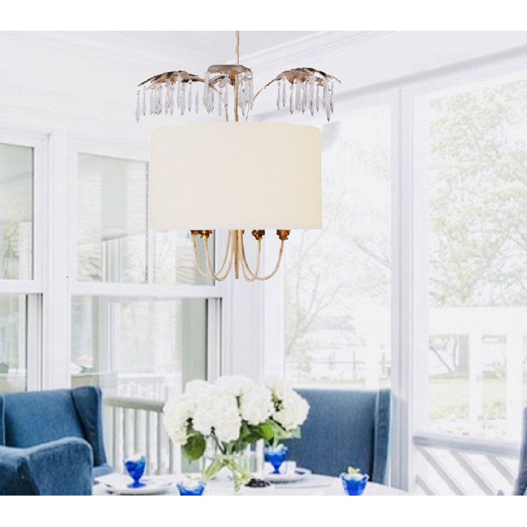 Antoinette Cream Linen and Glass 5-Light Drum Pendant with Distressed Gold and Silver Accents