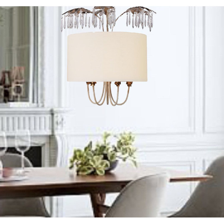 Antoinette Cream Linen and Glass 5-Light Drum Pendant with Distressed Gold and Silver Accents