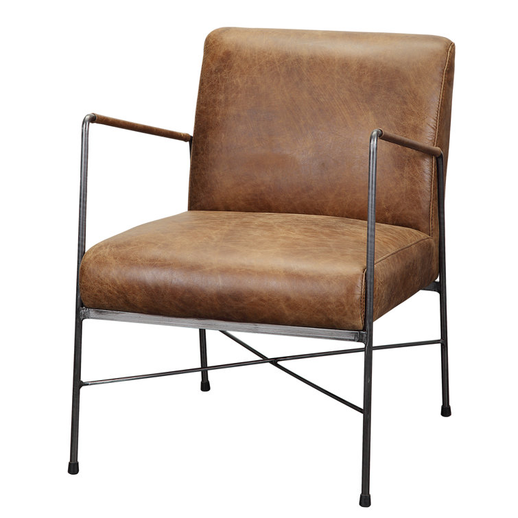 Transitional Dagwood Brown Leather Armchair with Metal Frame