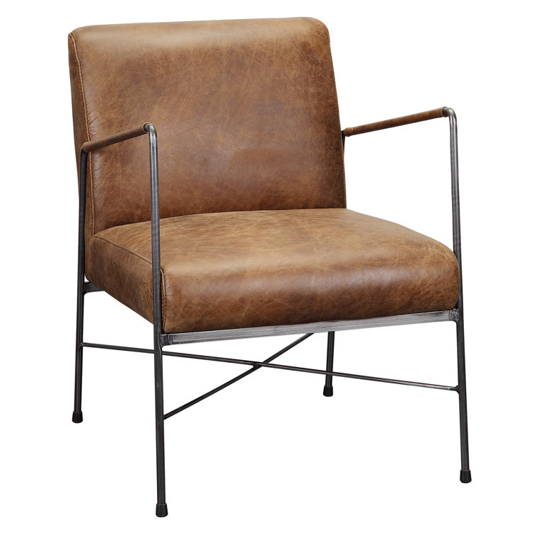 Transitional Dagwood Brown Leather Armchair with Metal Frame