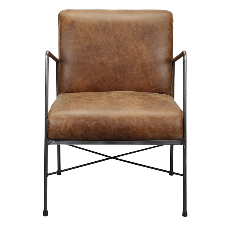Transitional Dagwood Brown Leather Armchair with Metal Frame