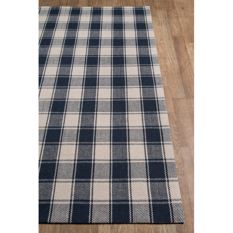 Navy and Ivory Wool Plaid Rectangular Area Rug