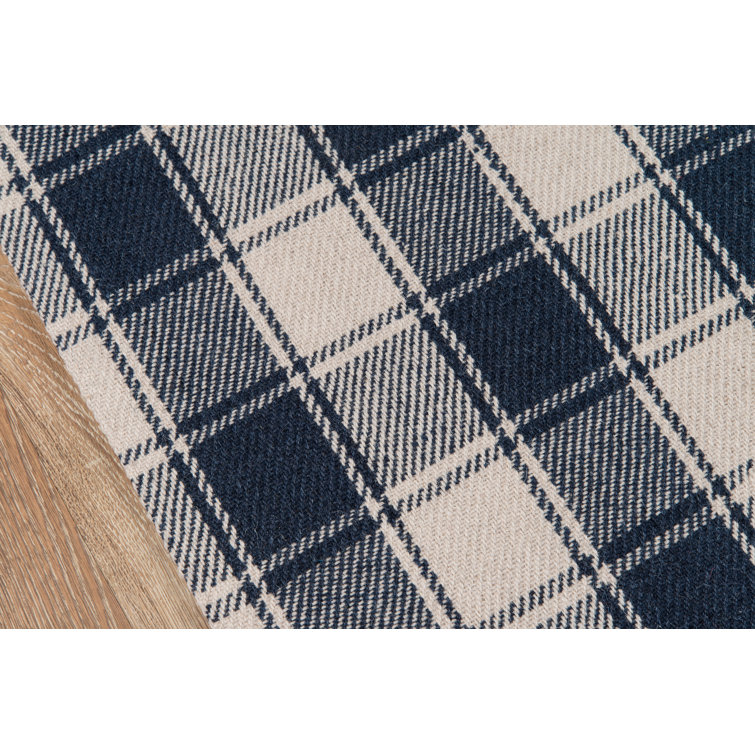 Navy and Ivory Wool Plaid Rectangular Area Rug