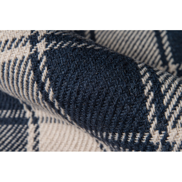 Navy and Ivory Wool Plaid Rectangular Area Rug
