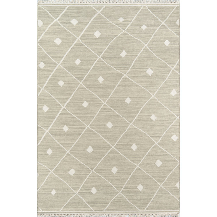 Sage Geometric Flat Woven Wool Area Rug with Fringe, 5' x 7'