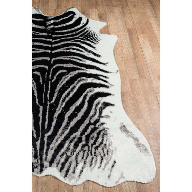 Acadia Black and White Faux Fur Zebra Area Rug
