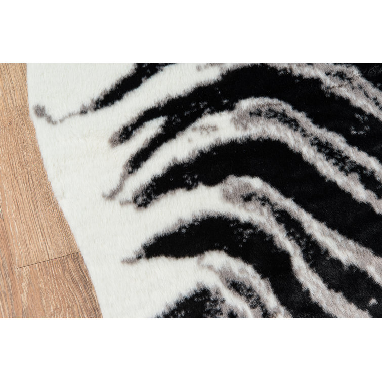 Acadia Black and White Faux Fur Zebra Area Rug