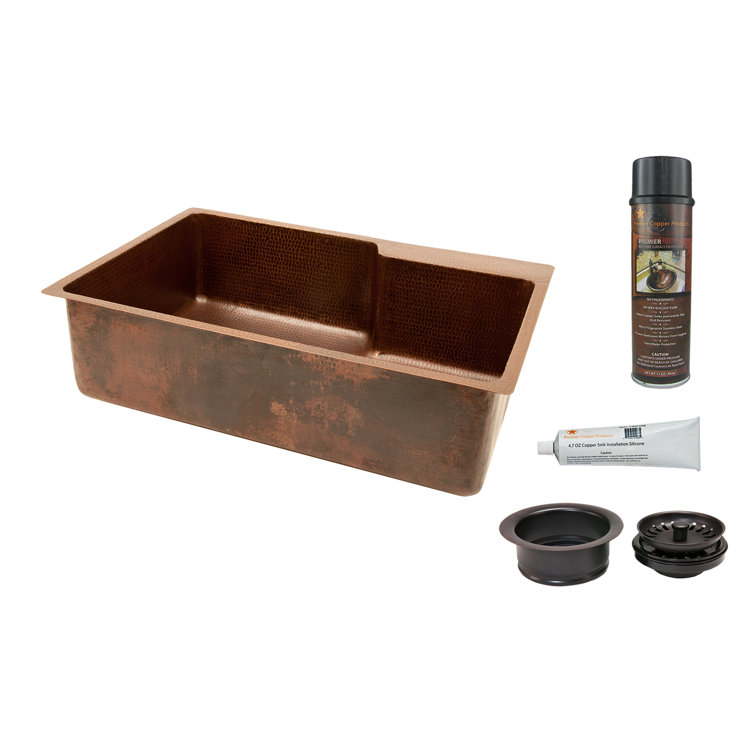 33" Hammered Copper Drop-In Kitchen Sink with Accessories