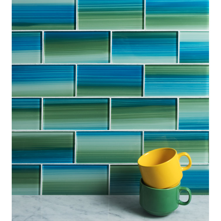 Hand Painted Blue and Green Glass Subway Wall Tile, 3" x 6"