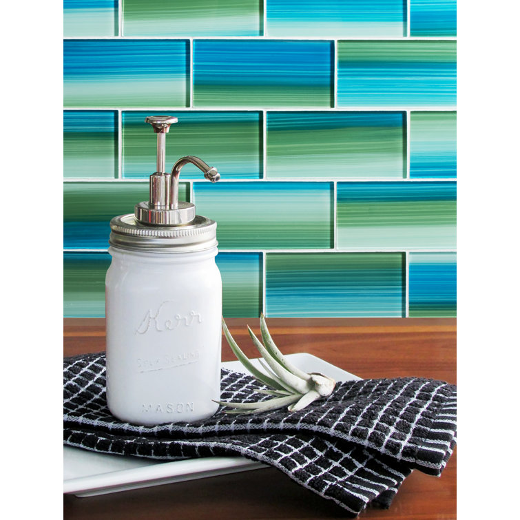 Hand Painted Blue and Green Glass Subway Wall Tile, 3" x 6"