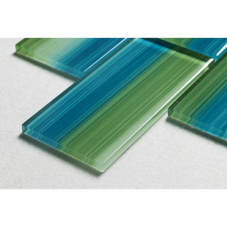 Hand Painted Blue and Green Glass Subway Wall Tile, 3" x 6"