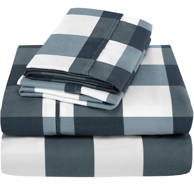 King Gingham Blue Cotton Polyester Microfiber Sheet Set