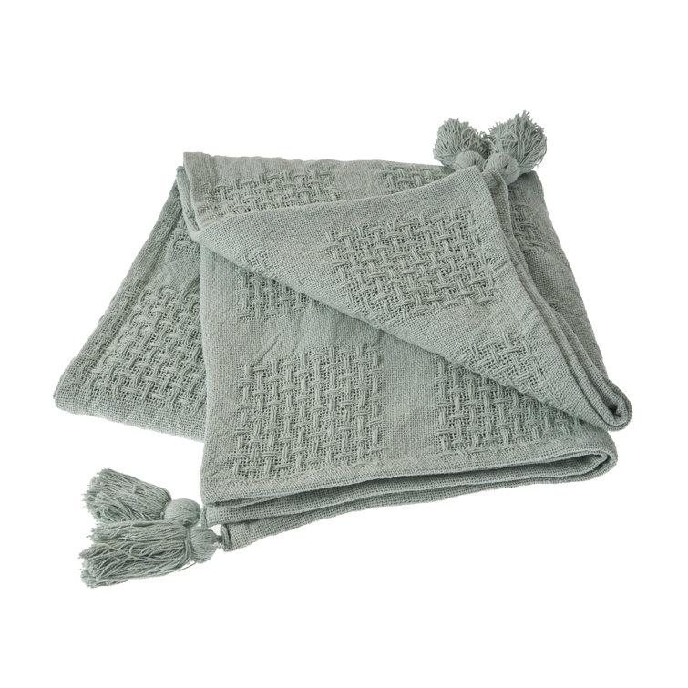 Jade Green Organic Cotton Woven Throw Blanket with Tassels