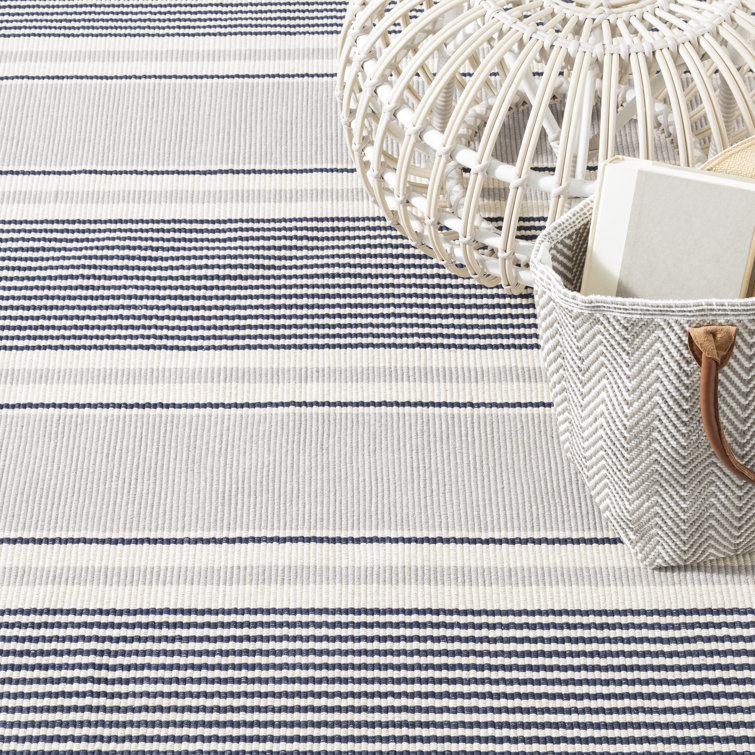 Gray and White Striped Handwoven Wool Cotton Rug 4' x 6'