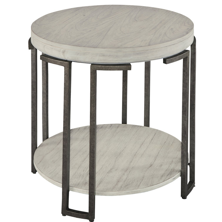 Transitional Beige & Black Round Wood & Metal End Table with Storage