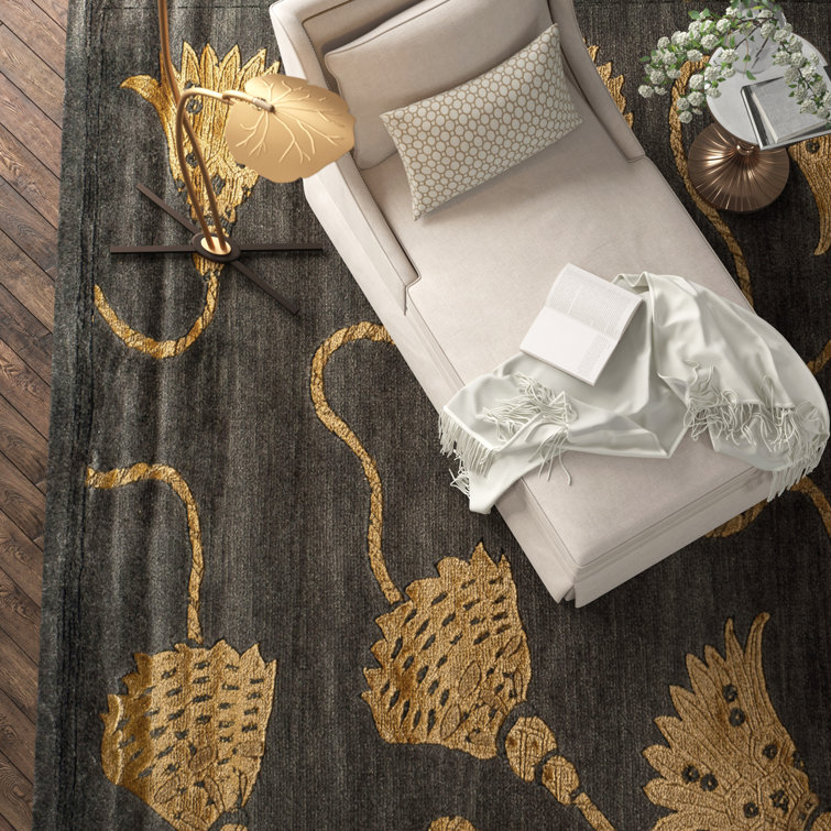 Plum and Gold Geometric Hand-Knotted Wool-Silk Rug 10' x 14'