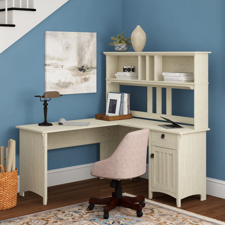 Salinas Antique White Wood L-Shaped Desk with Hutch and Storage
